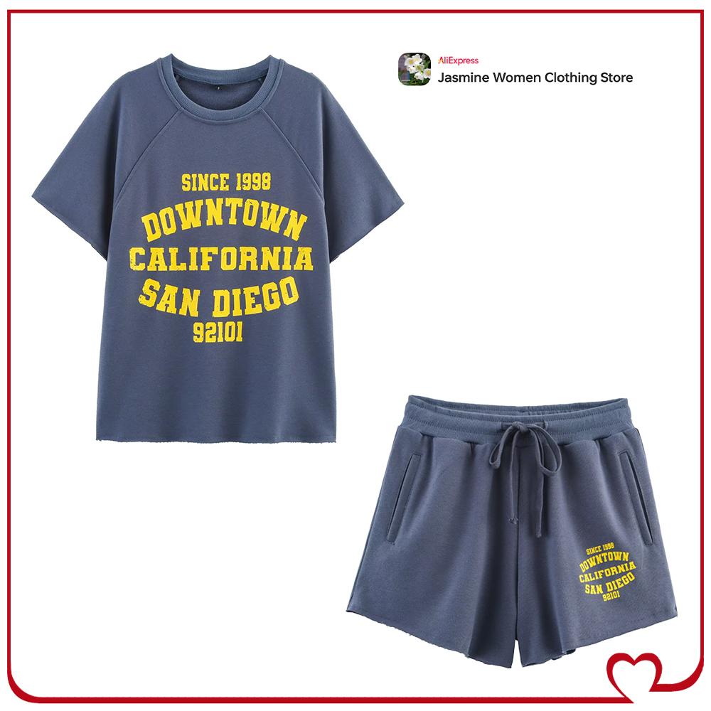 Wash Effect Set - Women Comfy Text Print Short Sets